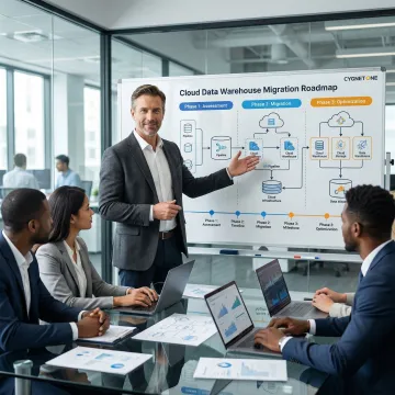 Data architect presenting a cloud warehouse migration roadmap on a whiteboard to enterprise stakeholders
