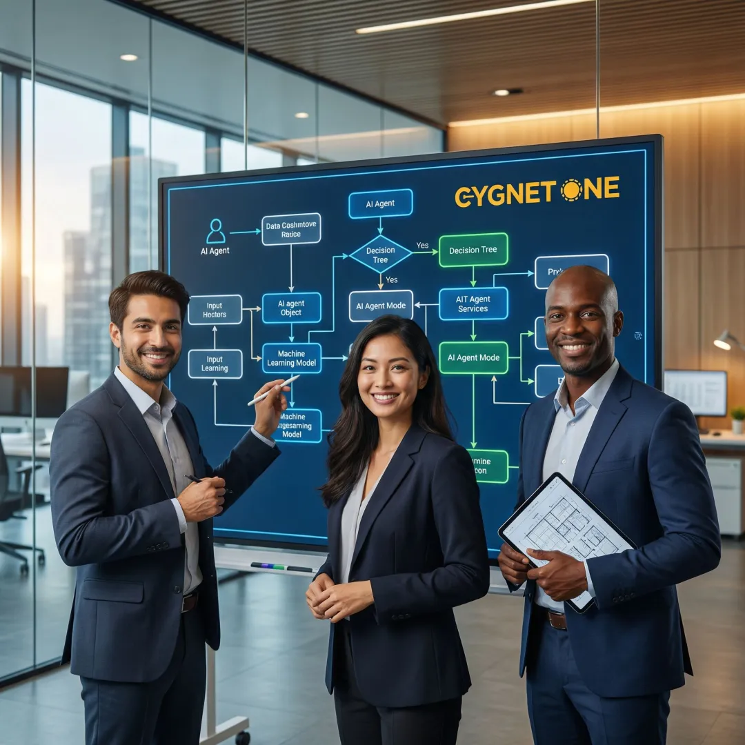 A team of enterprise AI consultants mapping out an autonomous agent workflow on a digital whiteboard
