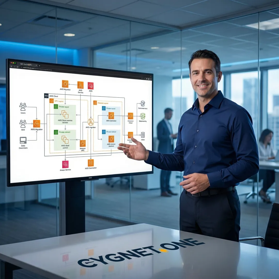 Enterprise cloud migration consultant reviewing AWS architecture diagram on a large screen