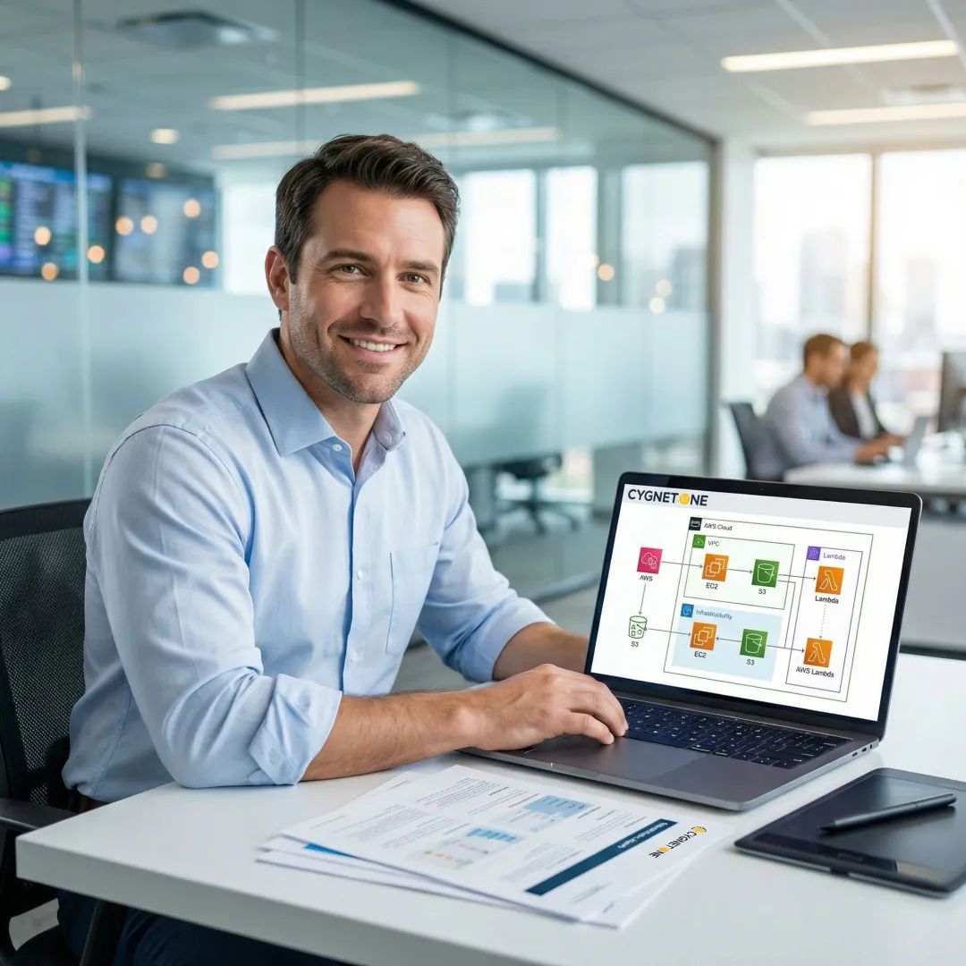 AWS cloud readiness assessment consultant reviewing enterprise infrastructure diagrams on a laptop