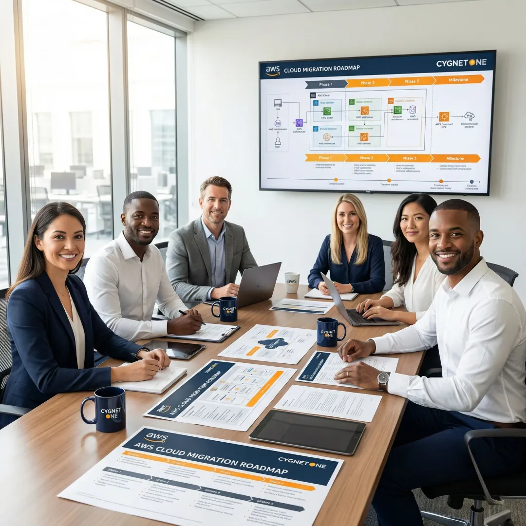 Enterprise team reviewing an AWS cloud migration roadmap document in a meeting room