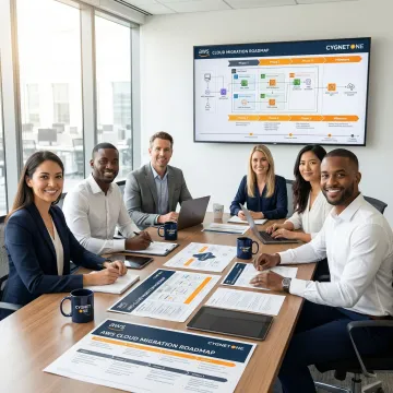 Enterprise team reviewing an AWS cloud migration roadmap document in a meeting room
