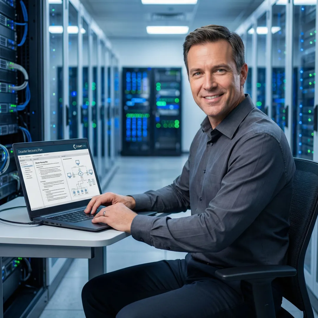 IT consultant reviewing a disaster recovery plan on a laptop in a data center environment