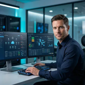 Cloud security consultant reviewing enterprise security architecture on a digital dashboard