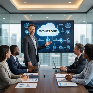 Cloud security expert presenting a layered security architecture diagram to enterprise clients