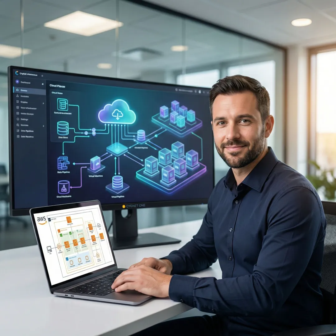 AWS cloud consultant reviewing architecture diagrams on a laptop in a modern enterprise office