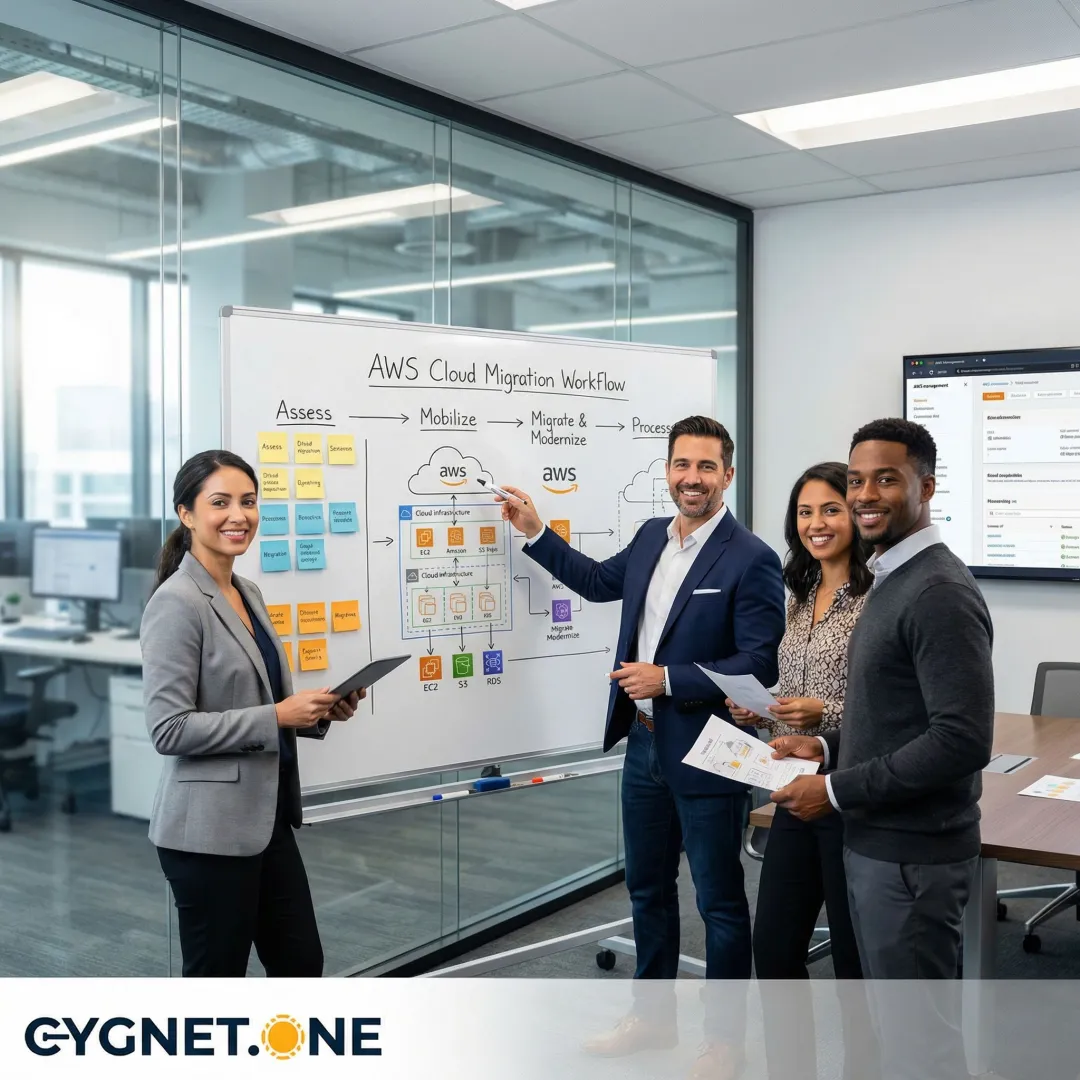 AWS cloud migration process workflow on a whiteboard with enterprise team collaborating