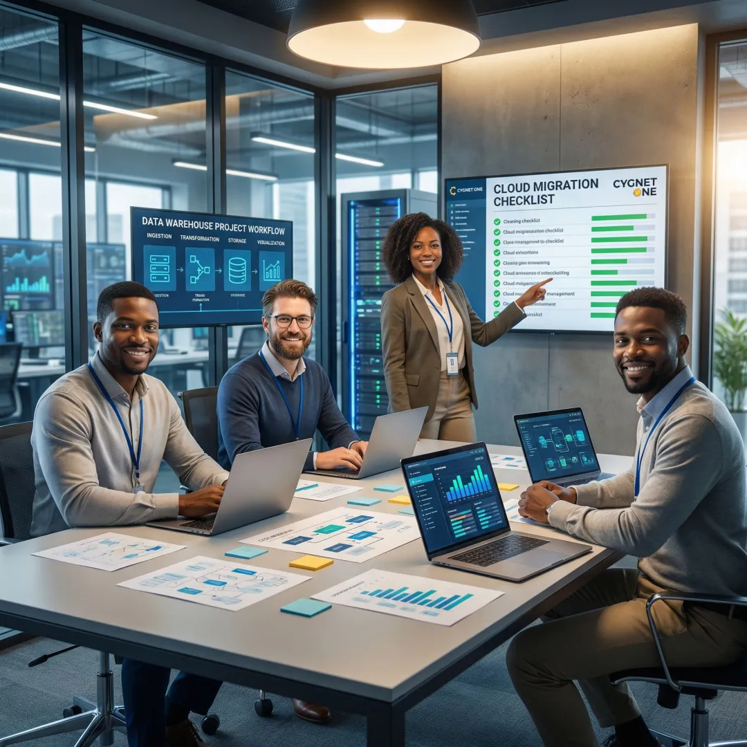 Data engineering team executing a structured cloud warehouse implementation process