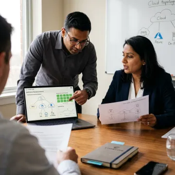 IT recovery planning session with cloud architecture diagrams