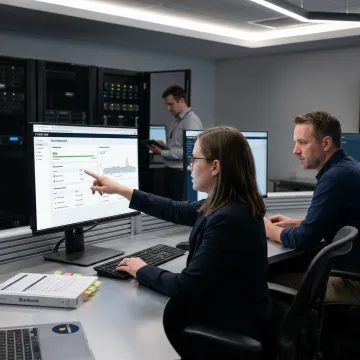 Business continuity team monitoring disaster recovery systems