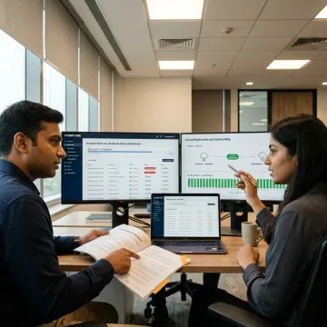 IT team reviewing disaster recovery plan and backup status