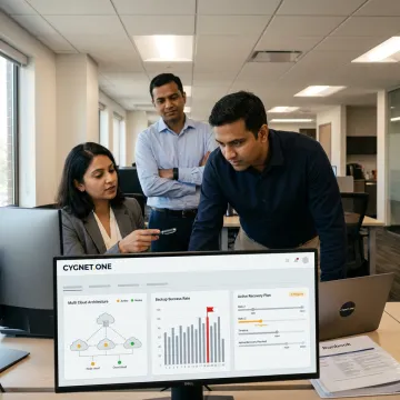 Enterprise disaster recovery consultants reviewing IT resilience dashboards