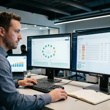 IT specialist monitoring enterprise systems and cybersecurity dashboards
