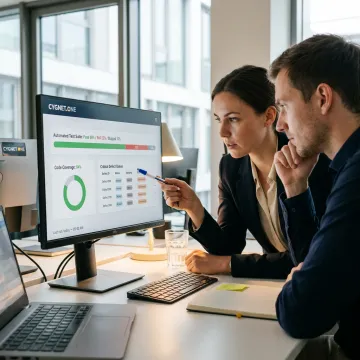 QA engineers reviewing automated software test results