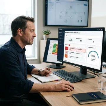 Healthcare cybersecurity consultant reviewing secure patient data systems