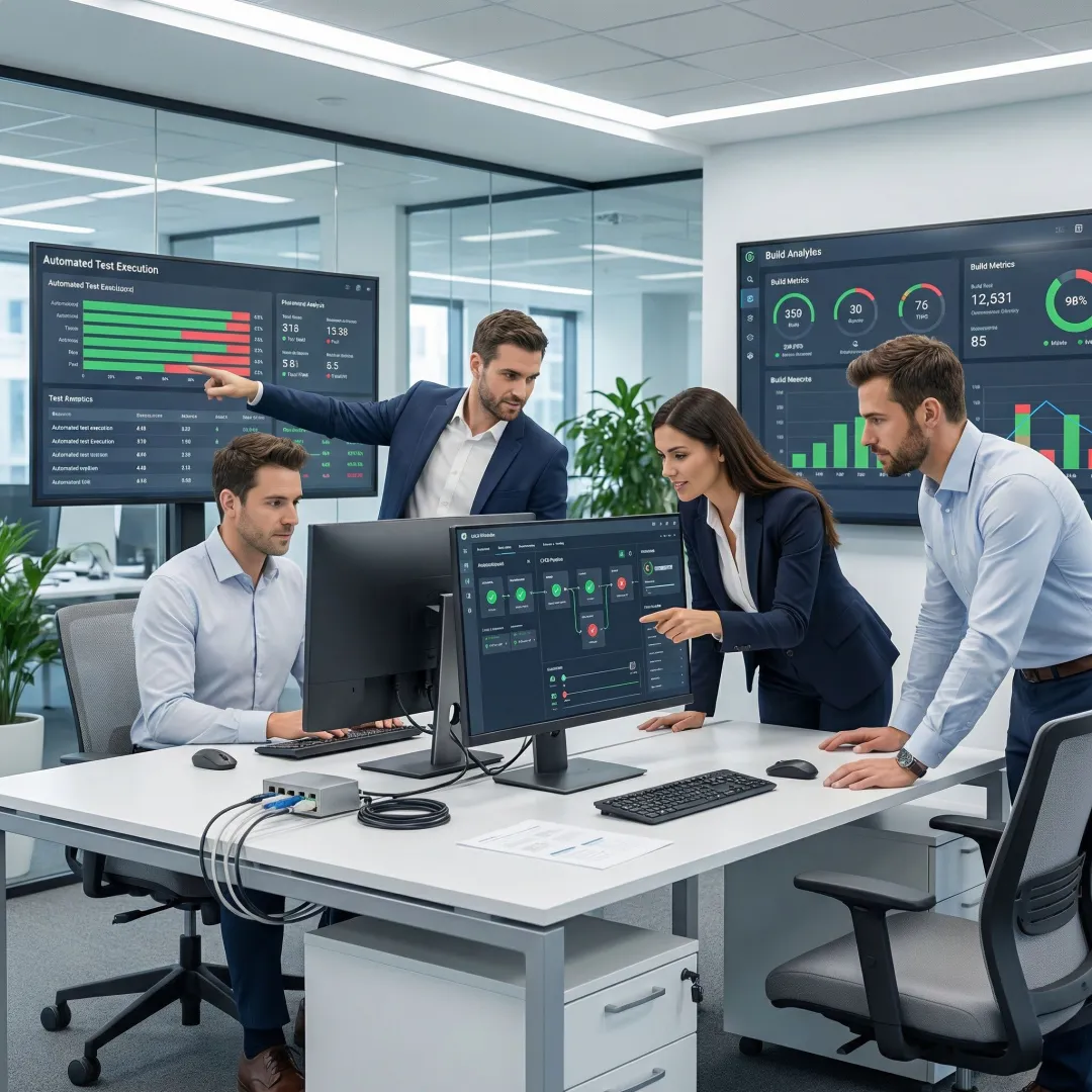 QA engineers reviewing software test automation dashboards on multiple monitors in a modern tech office