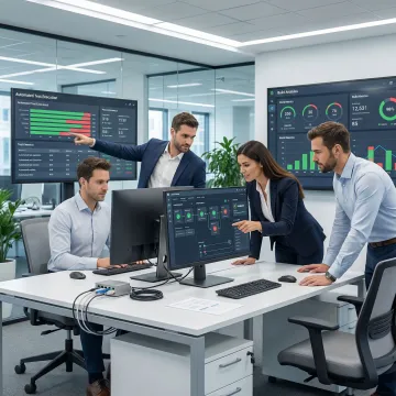 QA engineers reviewing software test automation dashboards on multiple monitors in a modern tech office
