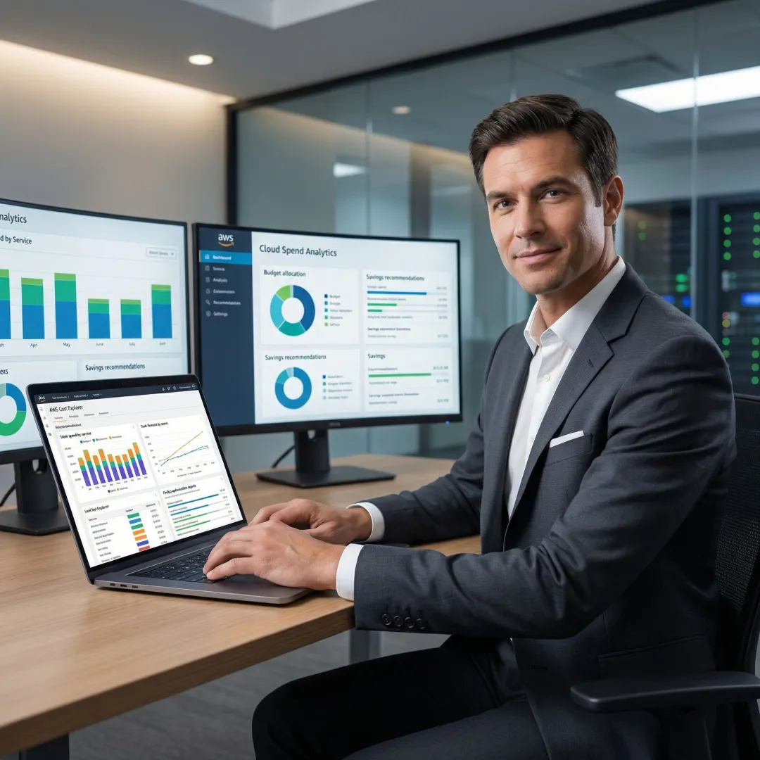 Cloud FinOps consultant reviewing cloud cost dashboards and optimization reports on a laptop