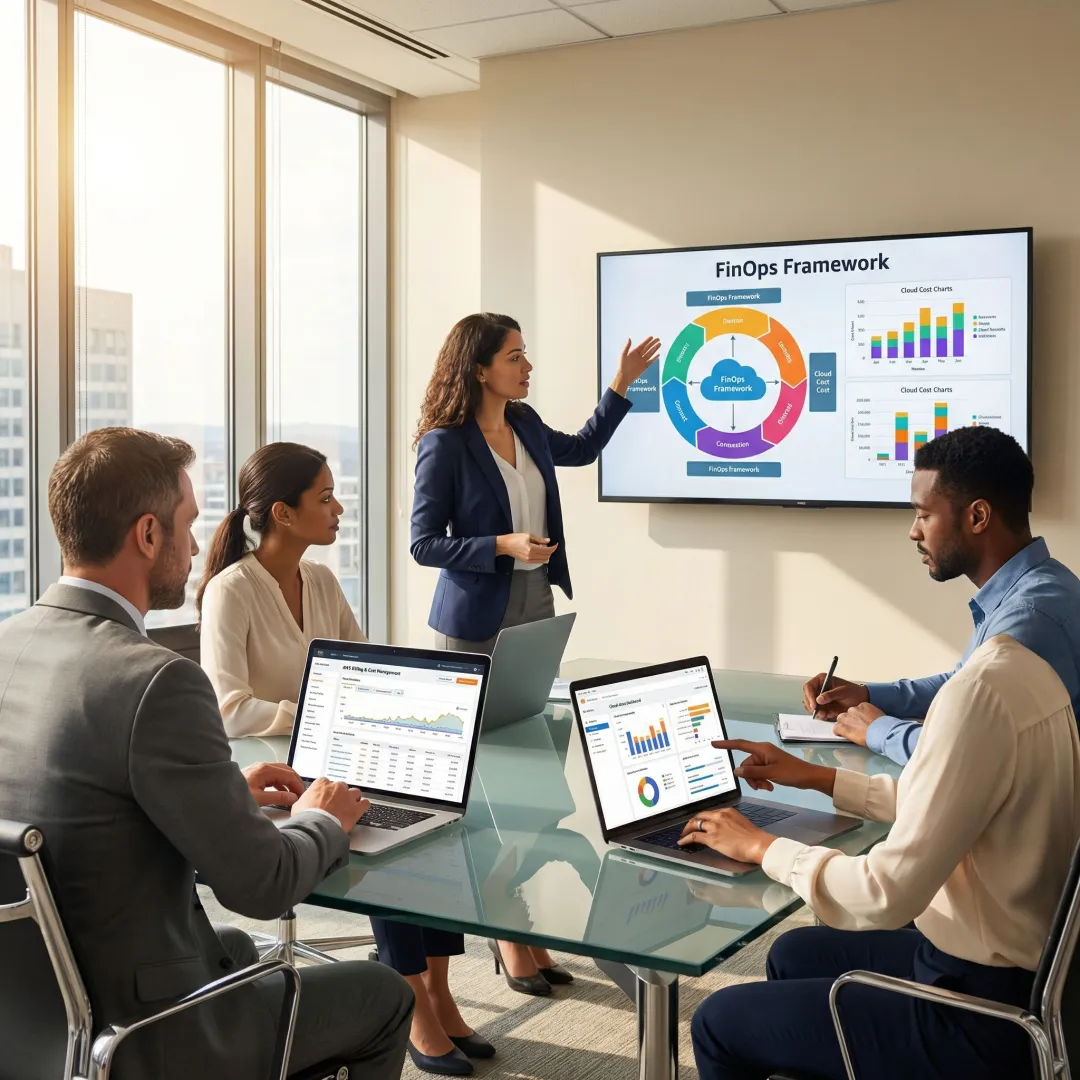 FinOps team collaborating on cloud cost optimization strategy using data dashboards