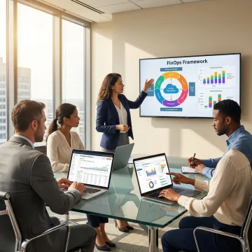 FinOps team collaborating on cloud cost optimization strategy using data dashboards