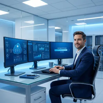 Enterprise cloud migration specialist configuring cloud infrastructure on a multi-screen workstation