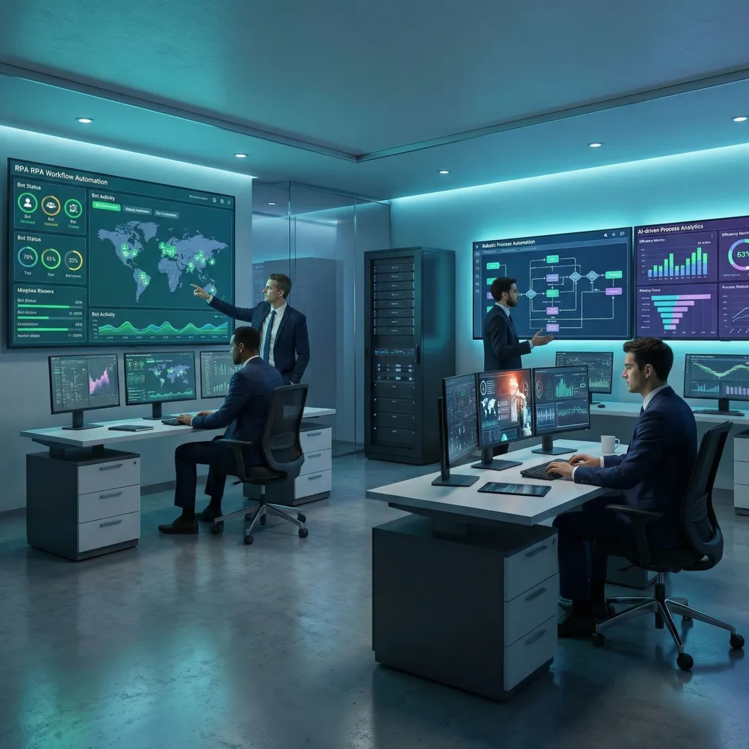 Enterprise team reviewing hyperautomation and RPA workflow dashboards on large monitors