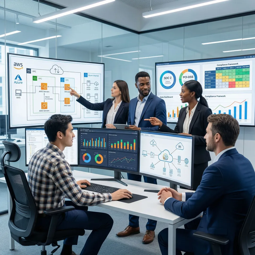 Cloud consulting specialists working with financial services organization on secure cloud architecture