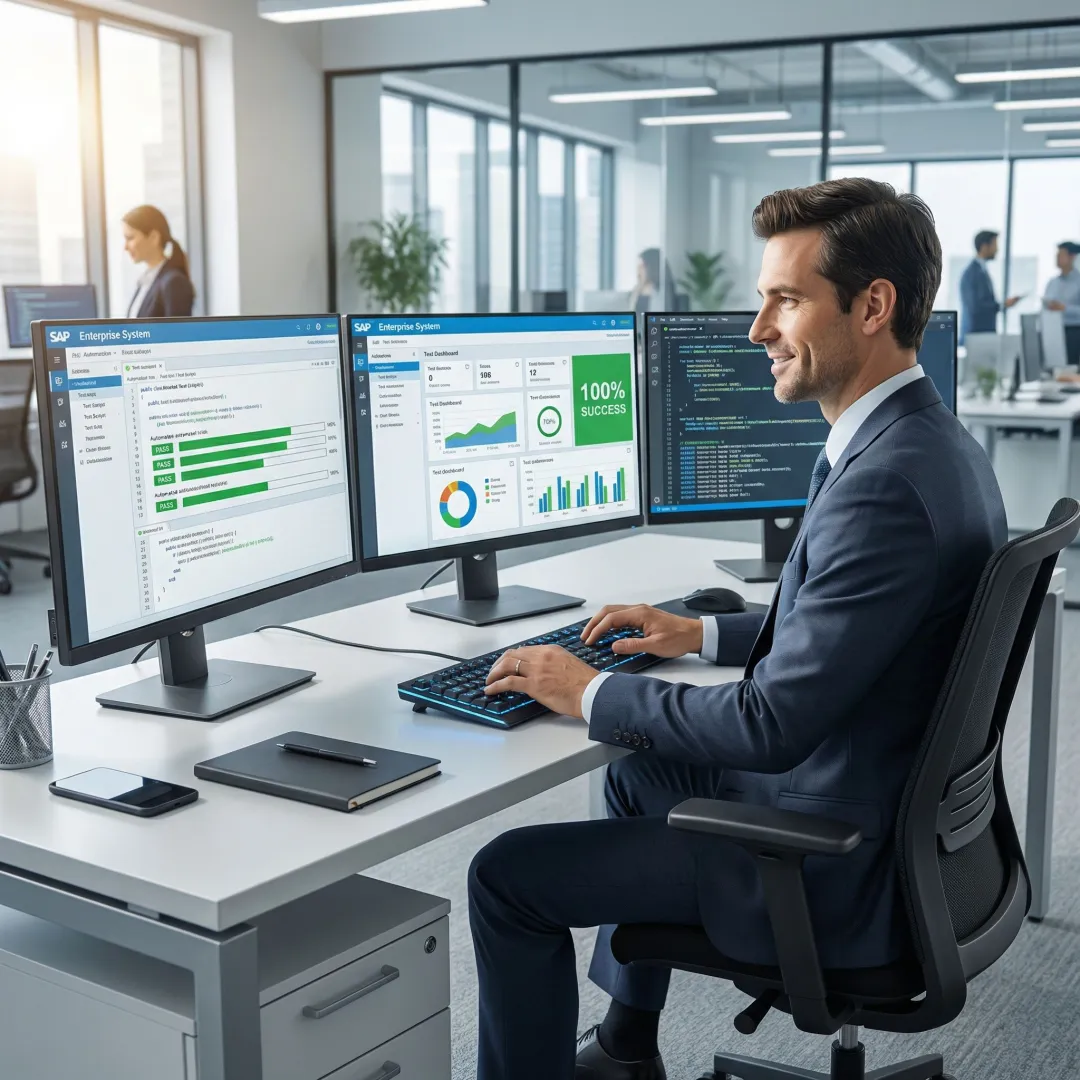 SAP test automation engineer running automated test scripts on enterprise SAP system dashboard