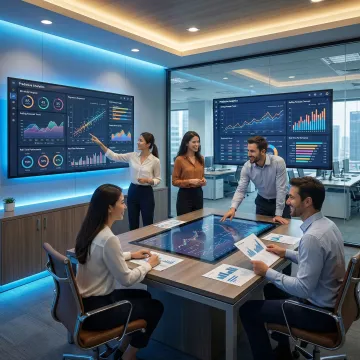 Data scientists reviewing predictive analytics dashboards on large monitors in a modern enterprise office
