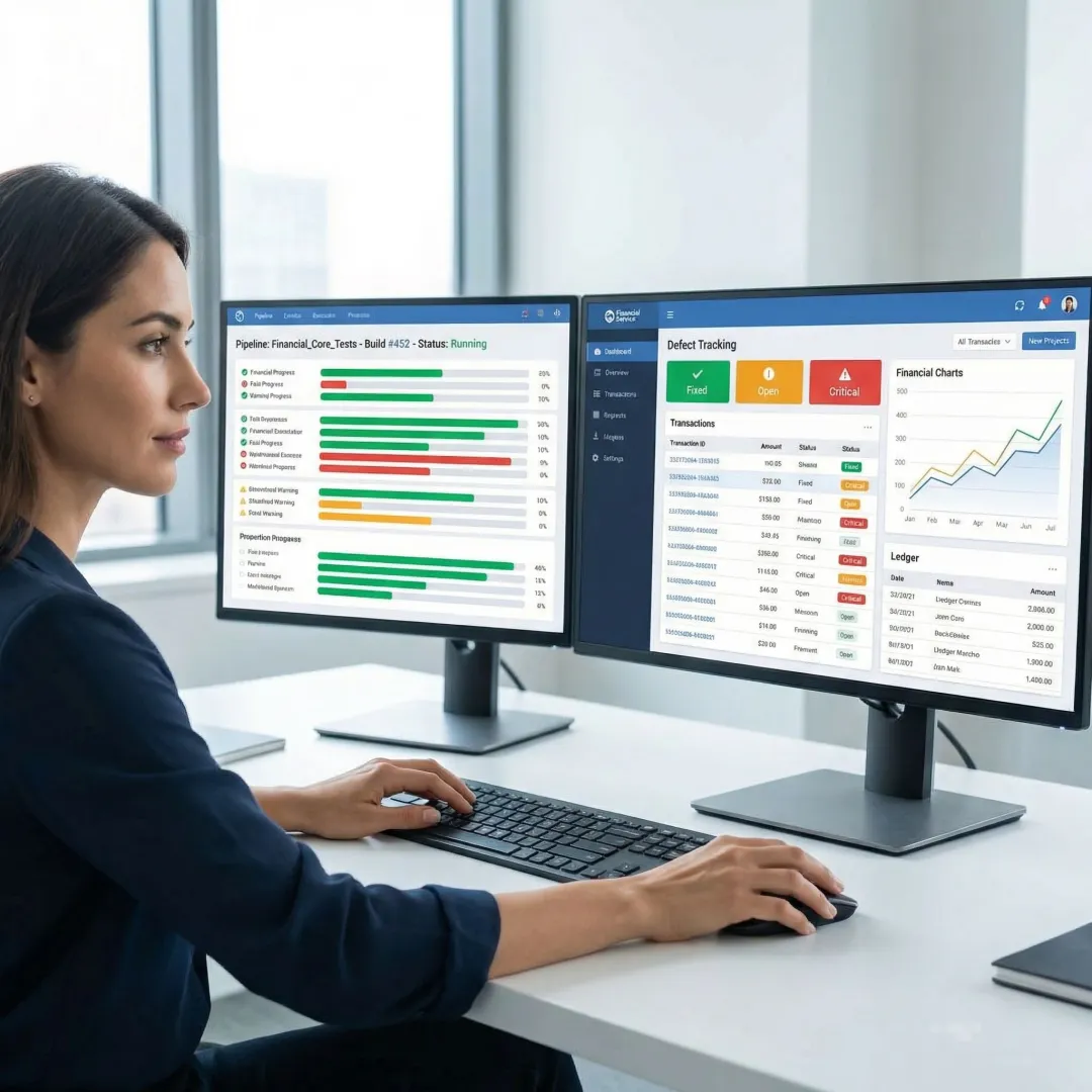 QA engineer running automated test scripts on a financial software platform with test results displayed on screen