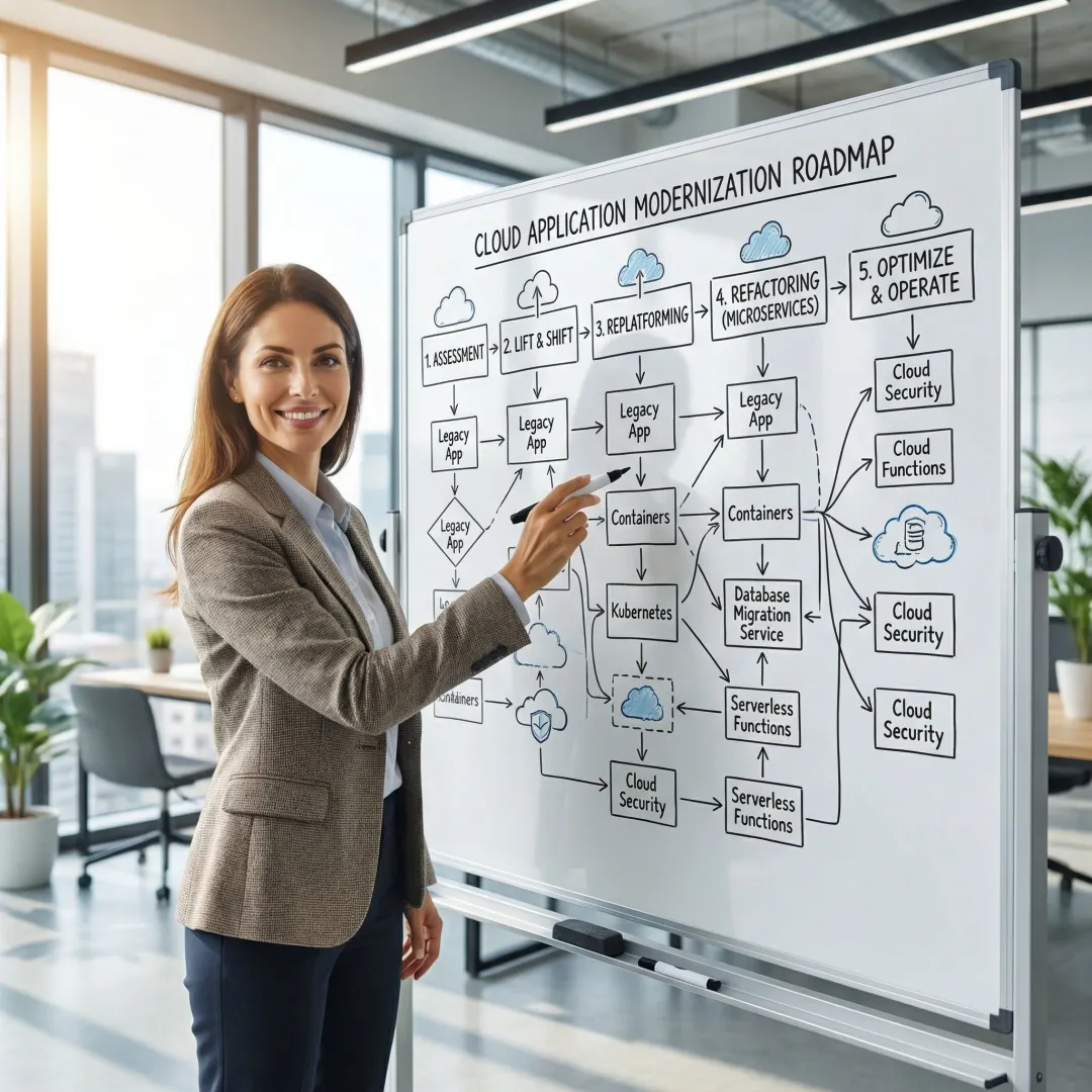 IT engineer mapping application modernization steps on a whiteboard with cloud architecture flow