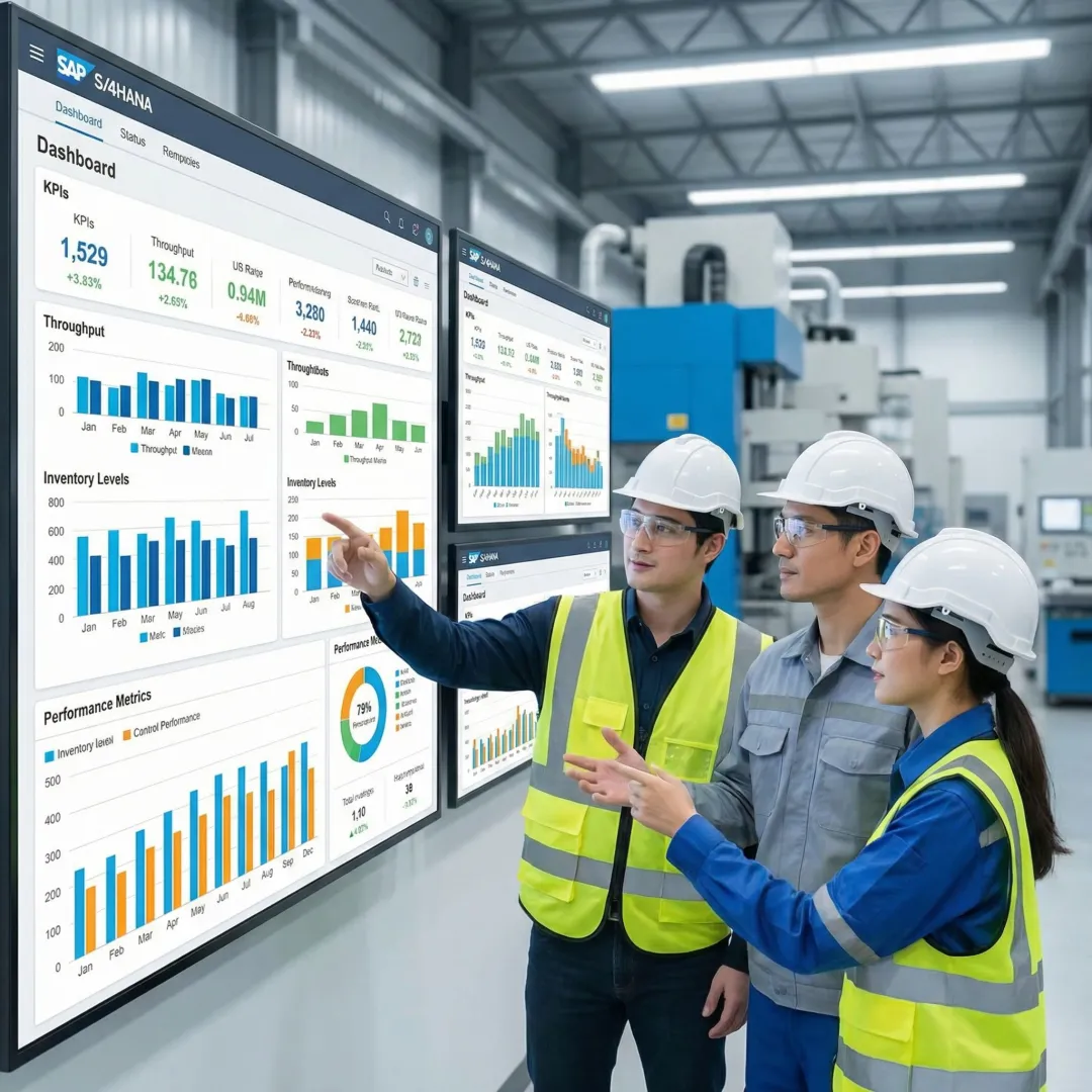 SAP S/4HANA production engineering dashboard on a factory floor with engineers reviewing digital manufacturing operations