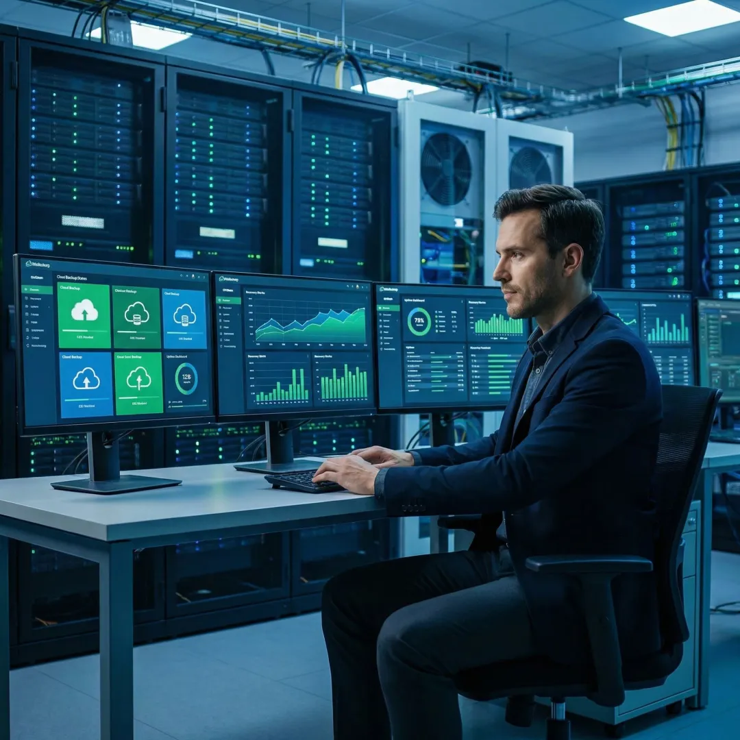 IT engineer monitoring cloud backup and disaster recovery dashboard in a data center