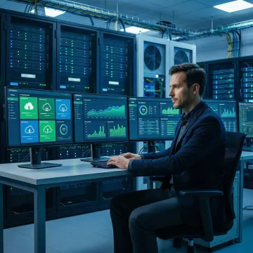 IT engineer monitoring cloud backup and disaster recovery dashboard in a data center