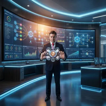 Enterprise automation solutions with AI-driven workflow diagrams on digital screens