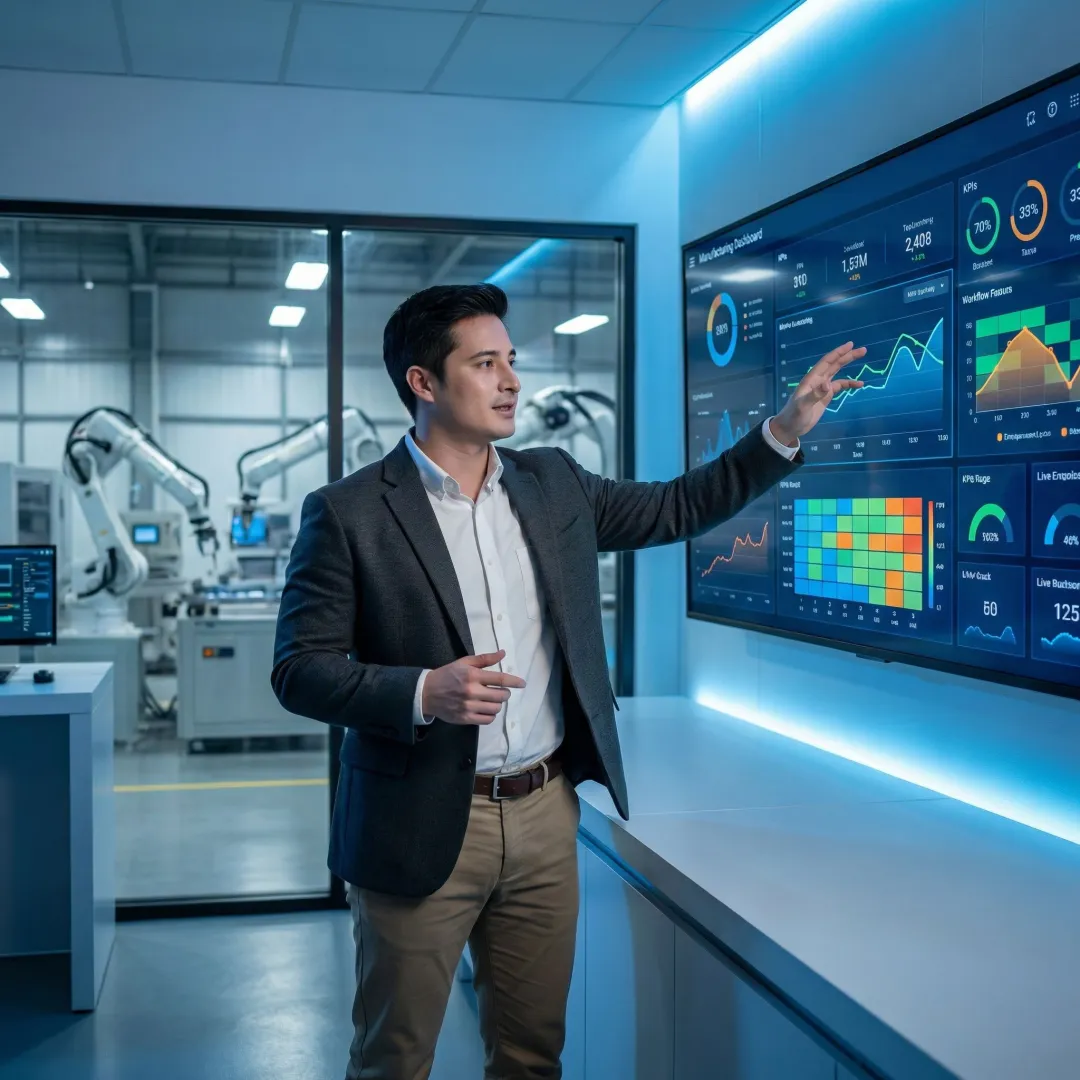 AI-powered manufacturing workflow automation consultant reviewing smart factory dashboards