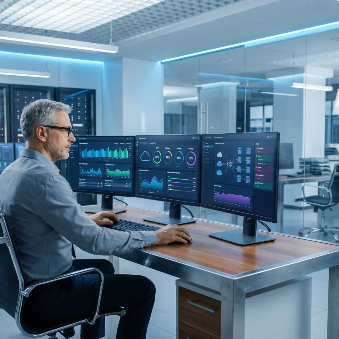 IT infrastructure managed services engineer reviewing system performance dashboards and monitoring tools