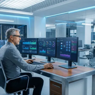 IT infrastructure managed services engineer reviewing system performance dashboards and monitoring tools