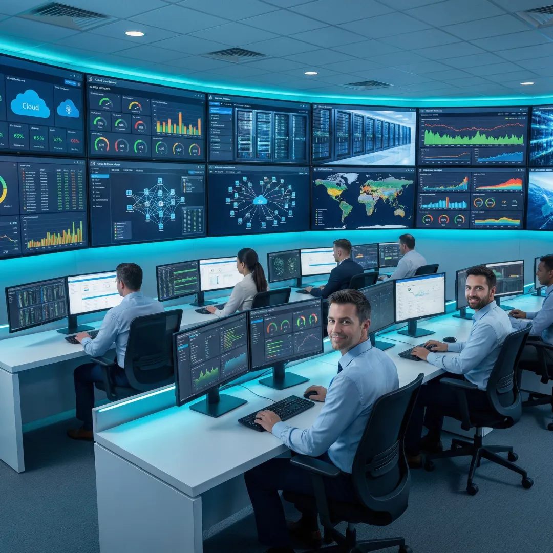 Remote IT infrastructure management engineers monitoring enterprise server dashboards