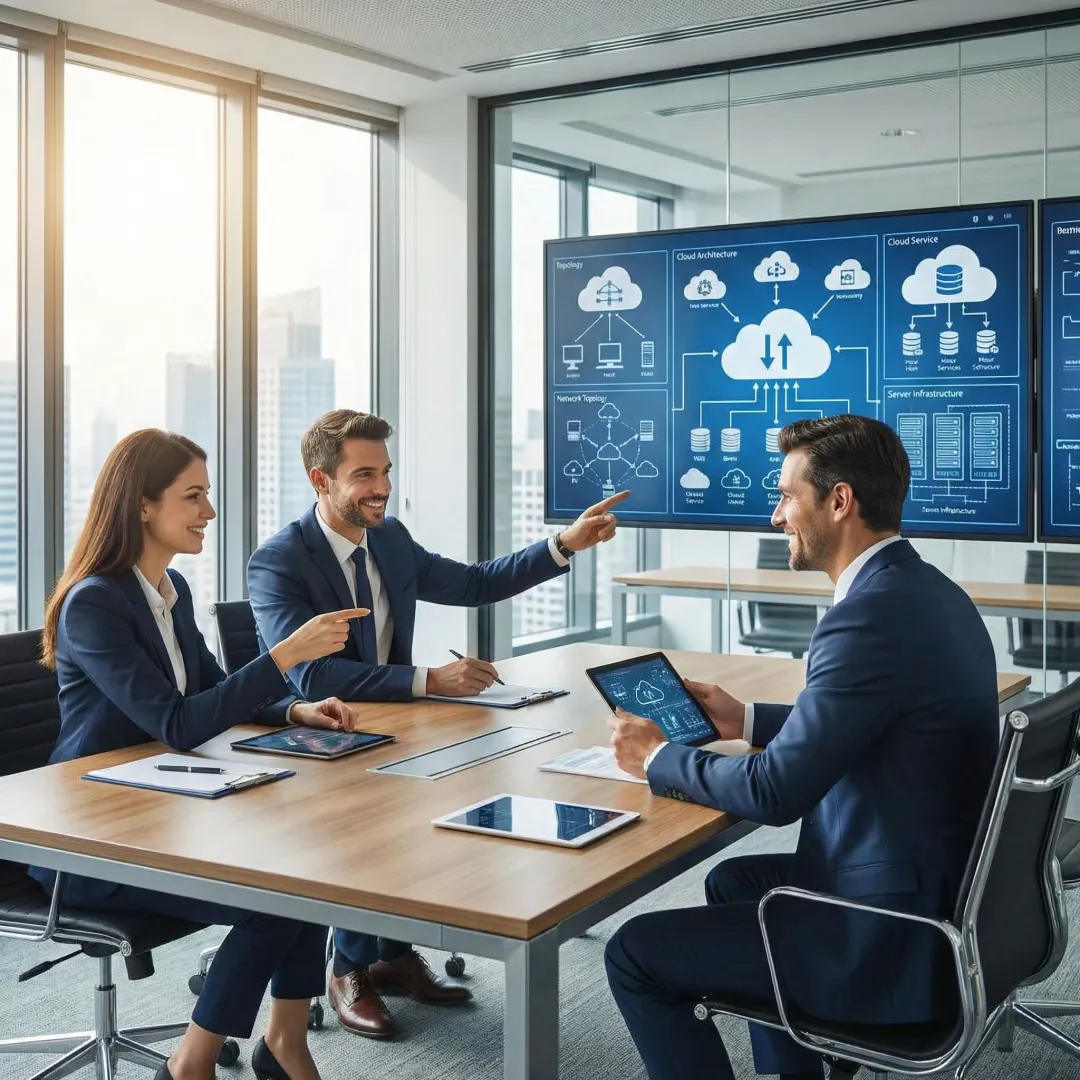 Cloud infrastructure consulting team reviewing scalable architecture blueprints on large monitors