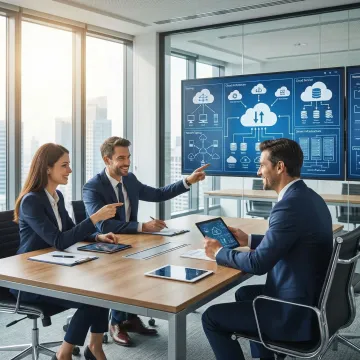 Cloud infrastructure consulting team reviewing scalable architecture blueprints on large monitors