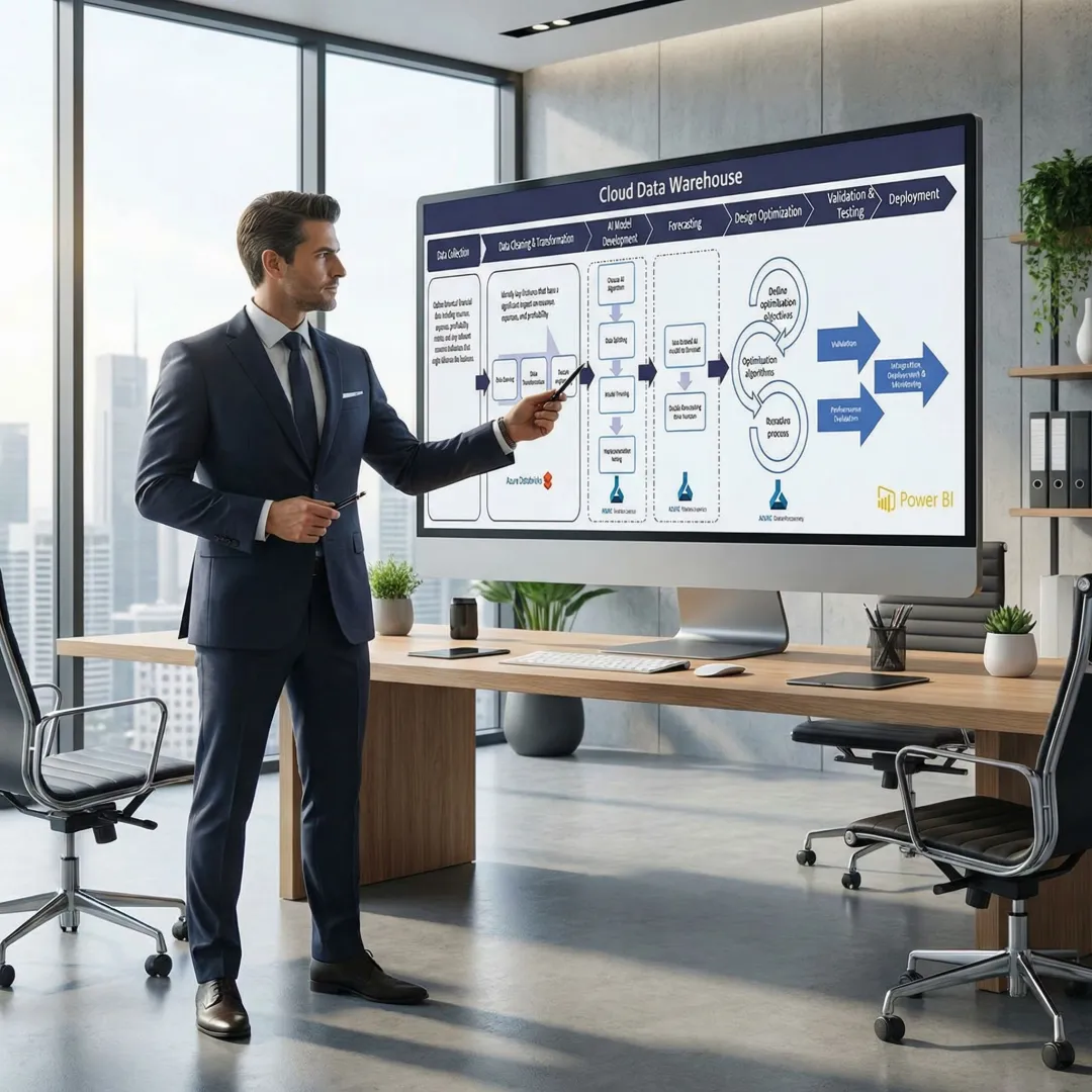 Cloud data warehouse consultant reviewing data architecture diagrams on a large monitor in a modern office