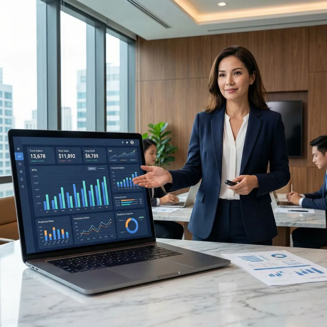 Data analytics consultant presenting strategy insights on a digital dashboard