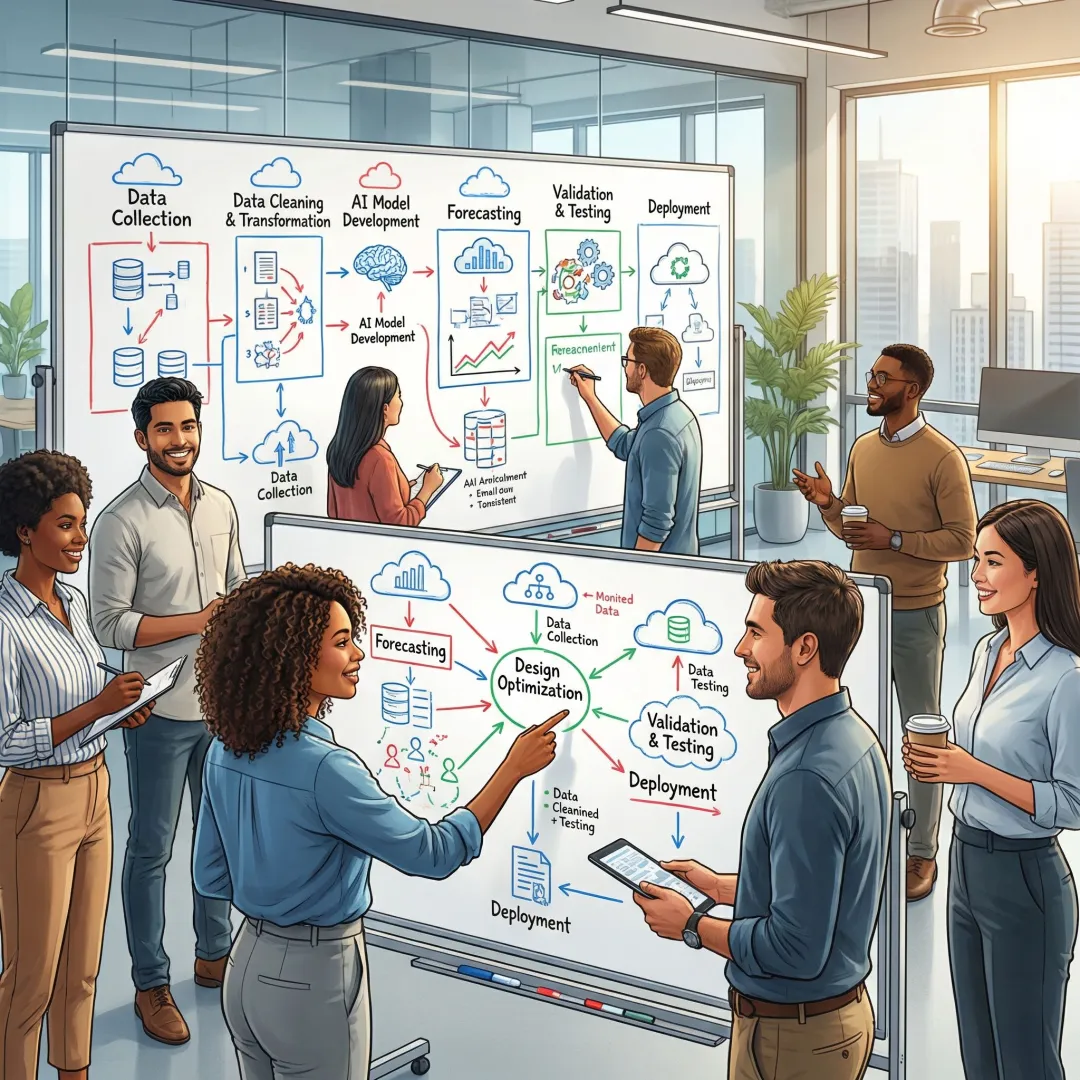 Data engineering team collaborating on analytics pipeline architecture