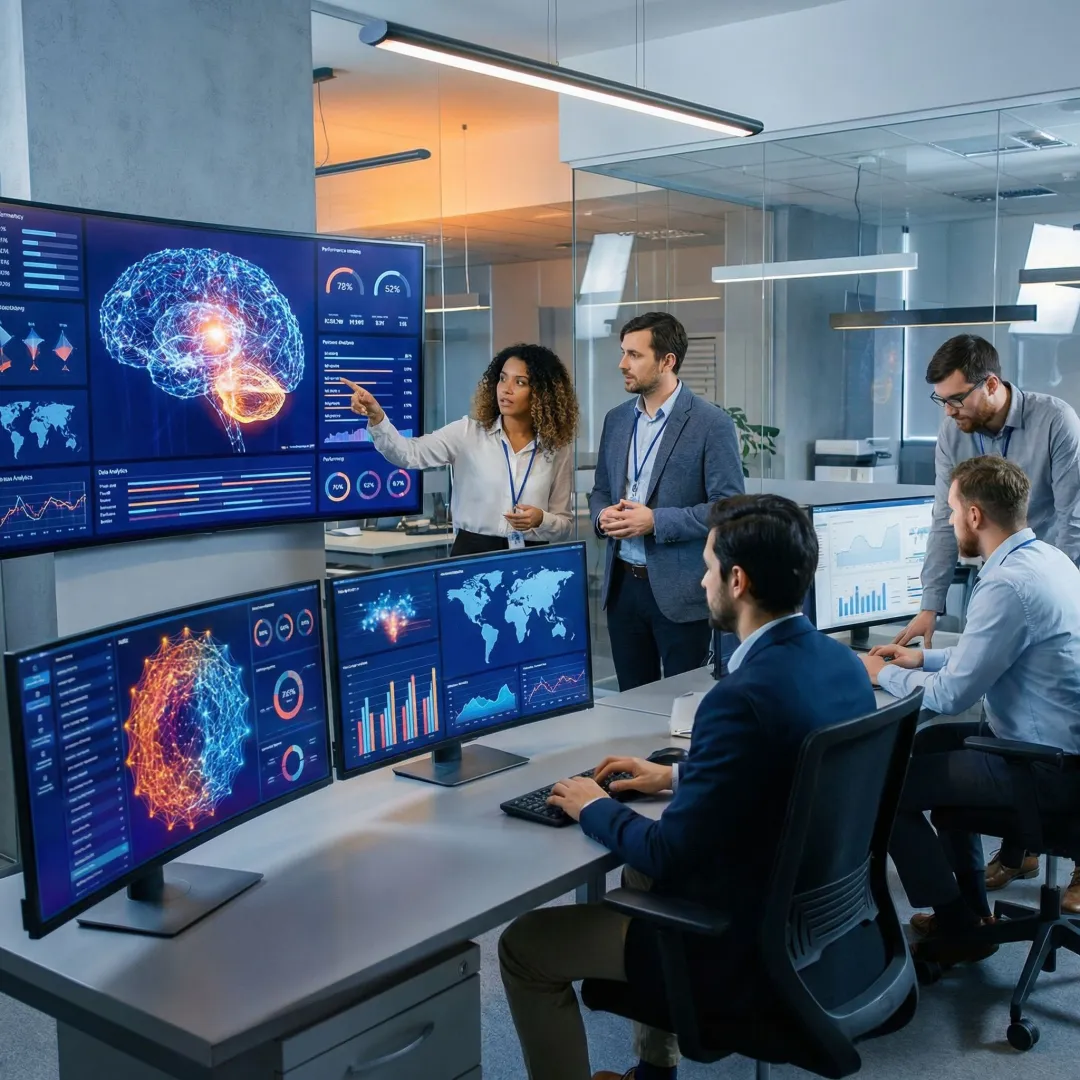 Enterprise AI development team analyzing machine learning model dashboards in a modern office
