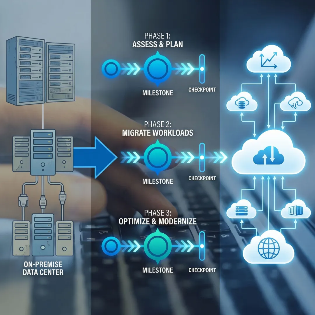 Cloud migration process workflow showing enterprise workloads moving to cloud architecture
