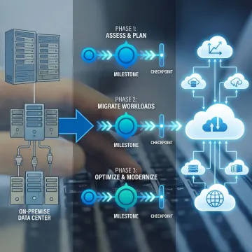 Cloud migration process workflow showing enterprise workloads moving to cloud architecture