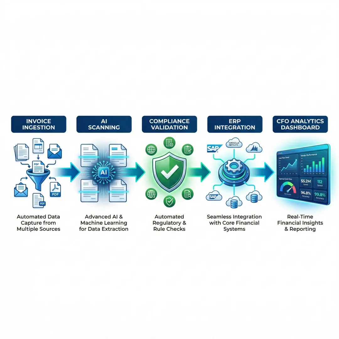 Step-by-step AI invoice extraction workflow from document ingestion to ERP integration