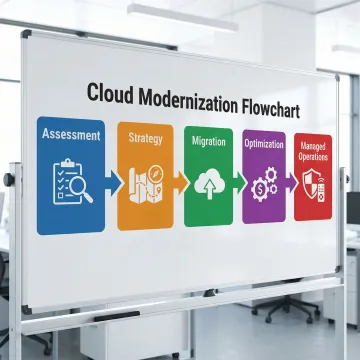 Cloud migration process flowchart showing phases from assessment to managed operations