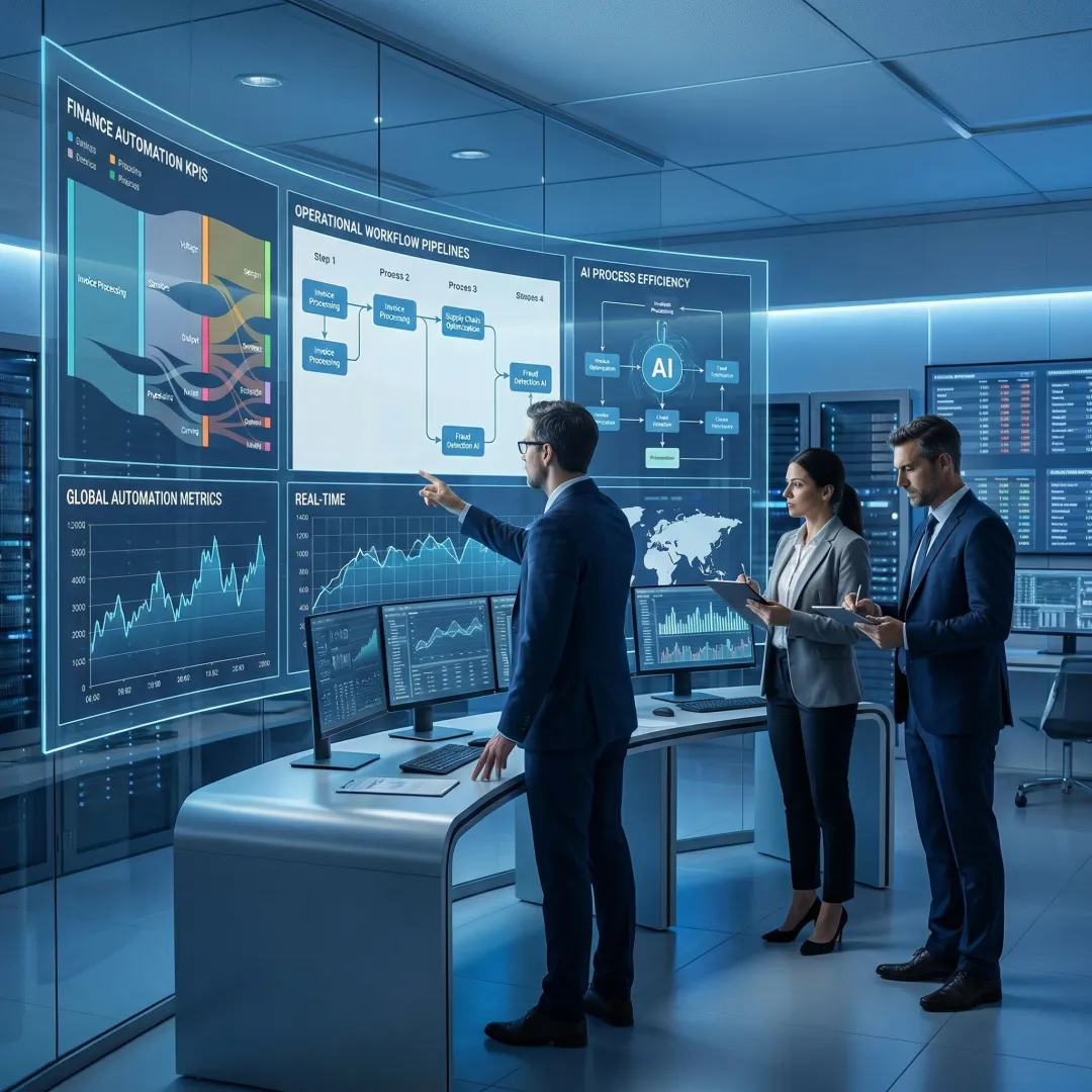 Enterprise team reviewing hyperautomation consulting workflow on digital dashboards